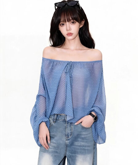 오프숄더 도트 무늬 레이스업 얇은 스타일 시폰 셔츠 여성 2026 여름 새로운 아메리칸 핫걸 바람 몸매 가꾸기 자외선 차단 표지