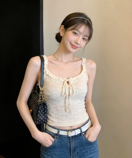 260 사람들 면 살구 색상 레이스 슬립 여성 2026 여름 섹션 아름다움 뒤로 브래지어 하나 조끼 민소매 레이스업 맨위