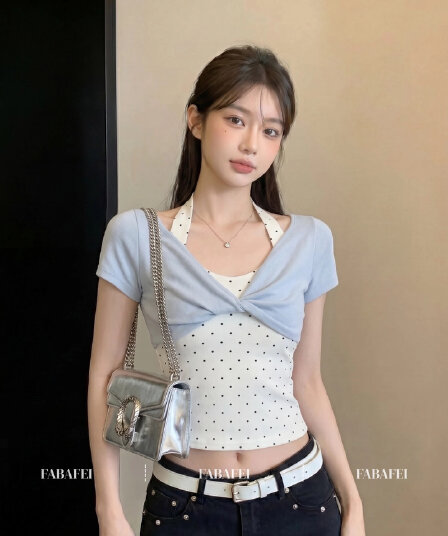 한 부서 행침 목 페이크 레이어드 도트 무늬 티셔츠 여성 여름 섹션 달콤한 핫걸 Chic 비틀림 슬림해 보이는 맨위