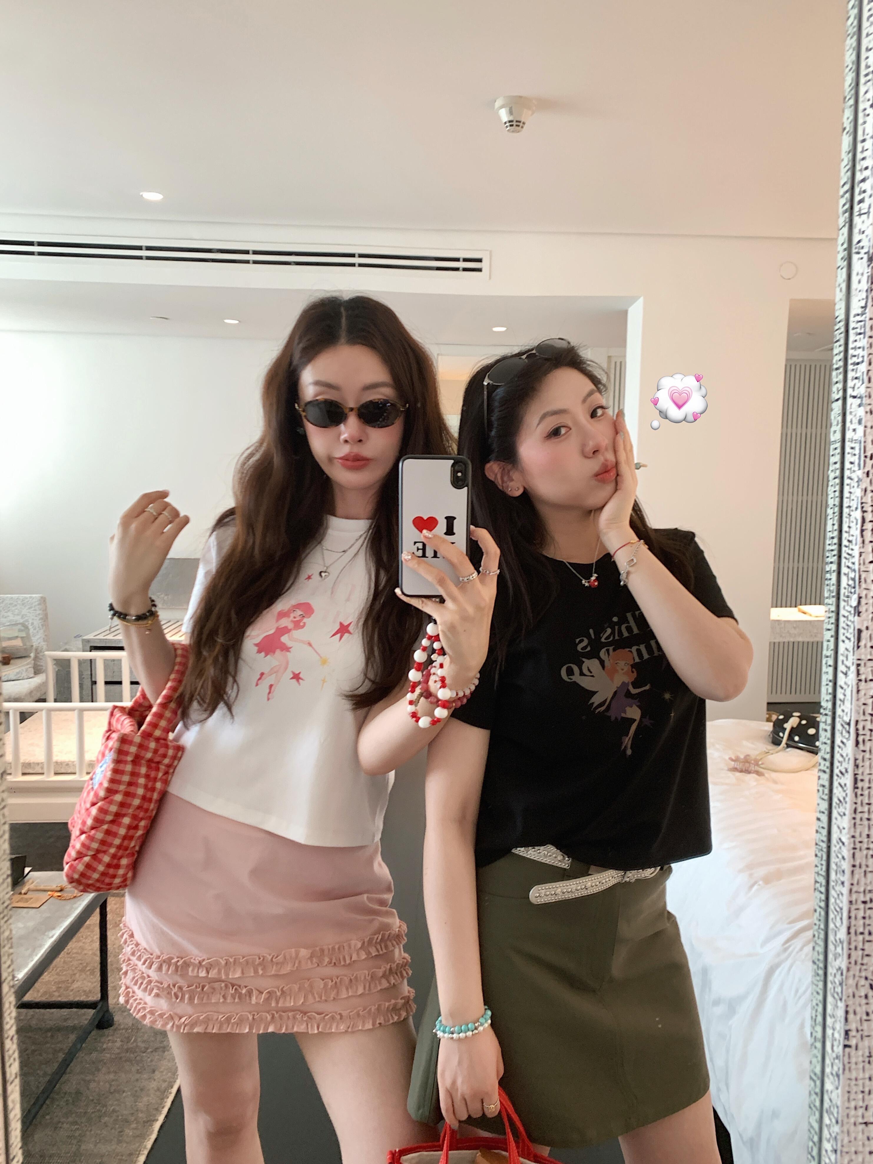 아메리칸 레트로 긍정적 인 어깨 라운드 넥 프린트 반팔 티셔츠