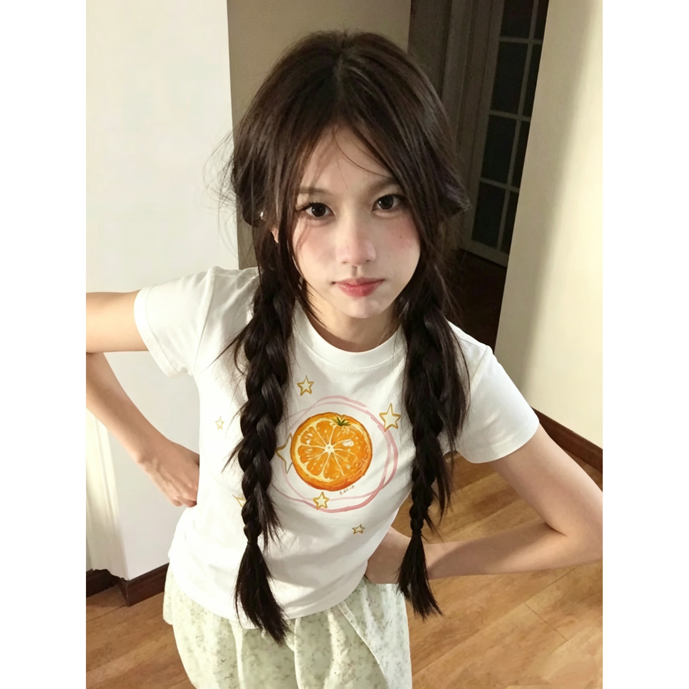 아메리칸 레트로 라운드 넥 긍정적 인 어깨 프린트 반팔 티셔츠
