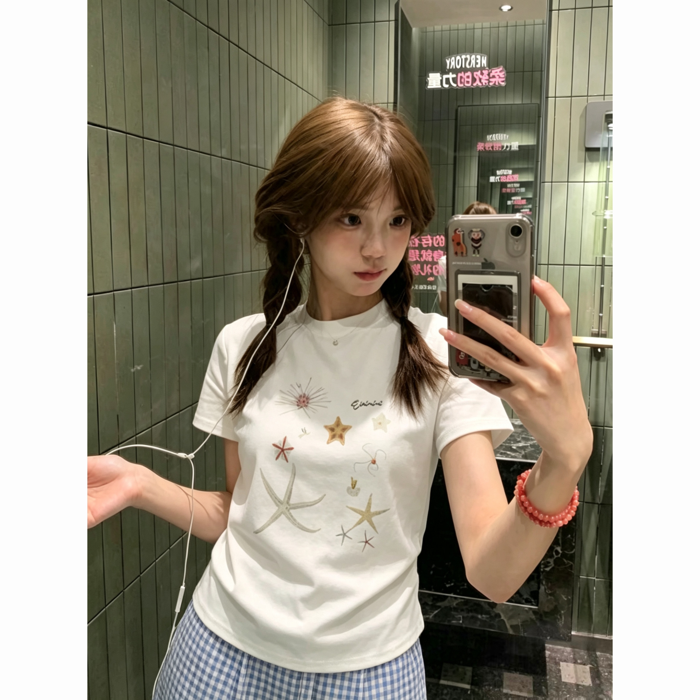 아메리칸 레트로 라운드 넥 긍정적 인 어깨 프린트 반팔 티셔츠