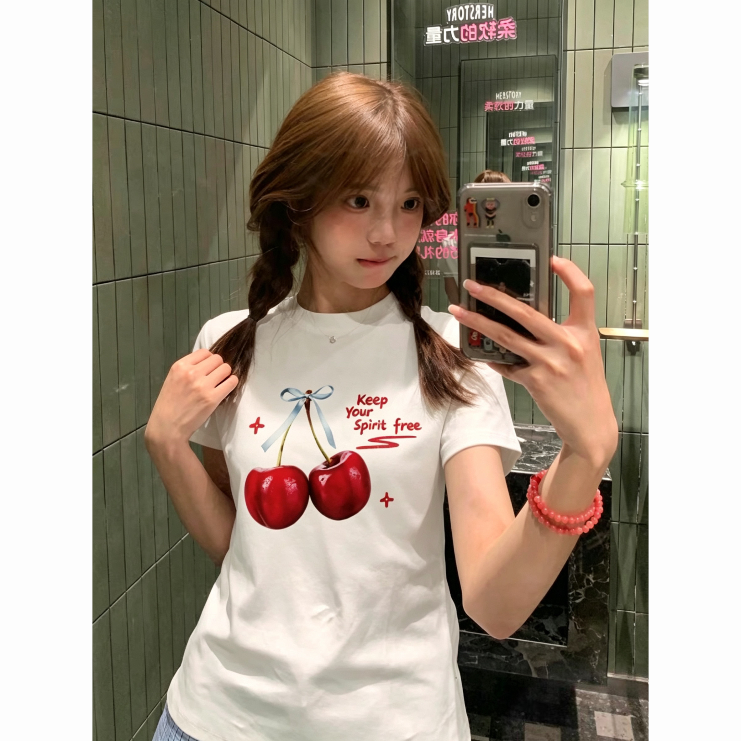 아메리칸 레트로 라운드 넥 긍정적 인 어깨 프린트 반팔 티셔츠