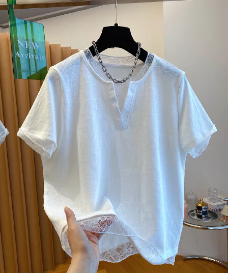 눈꽃 면 특별 빅 사이즈 300 근 레이스 조각 페이크 레이어드 티셔츠 여성용 짧은 소매 가위 칼라 맨위