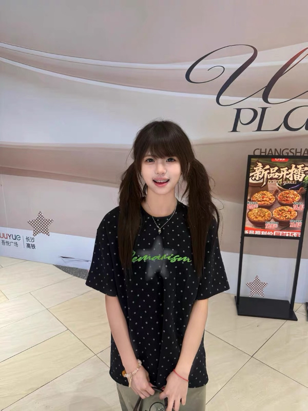 순면 라운드 넥 도트 무늬 루즈핏 프린트 반팔 티셔츠