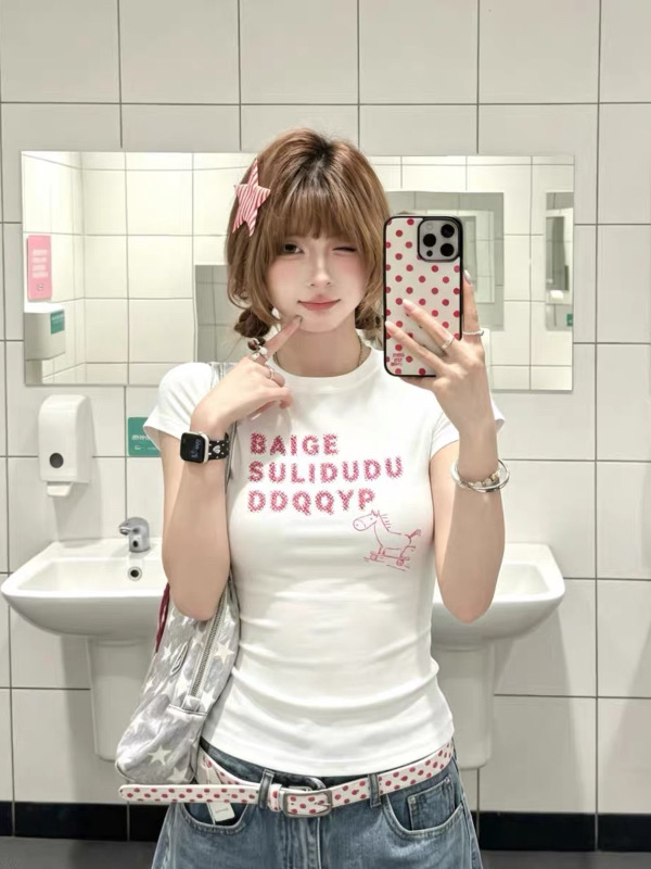 아메리칸 레트로 긍정적 인 어깨 라운드 넥 프린트 반팔 티셔츠