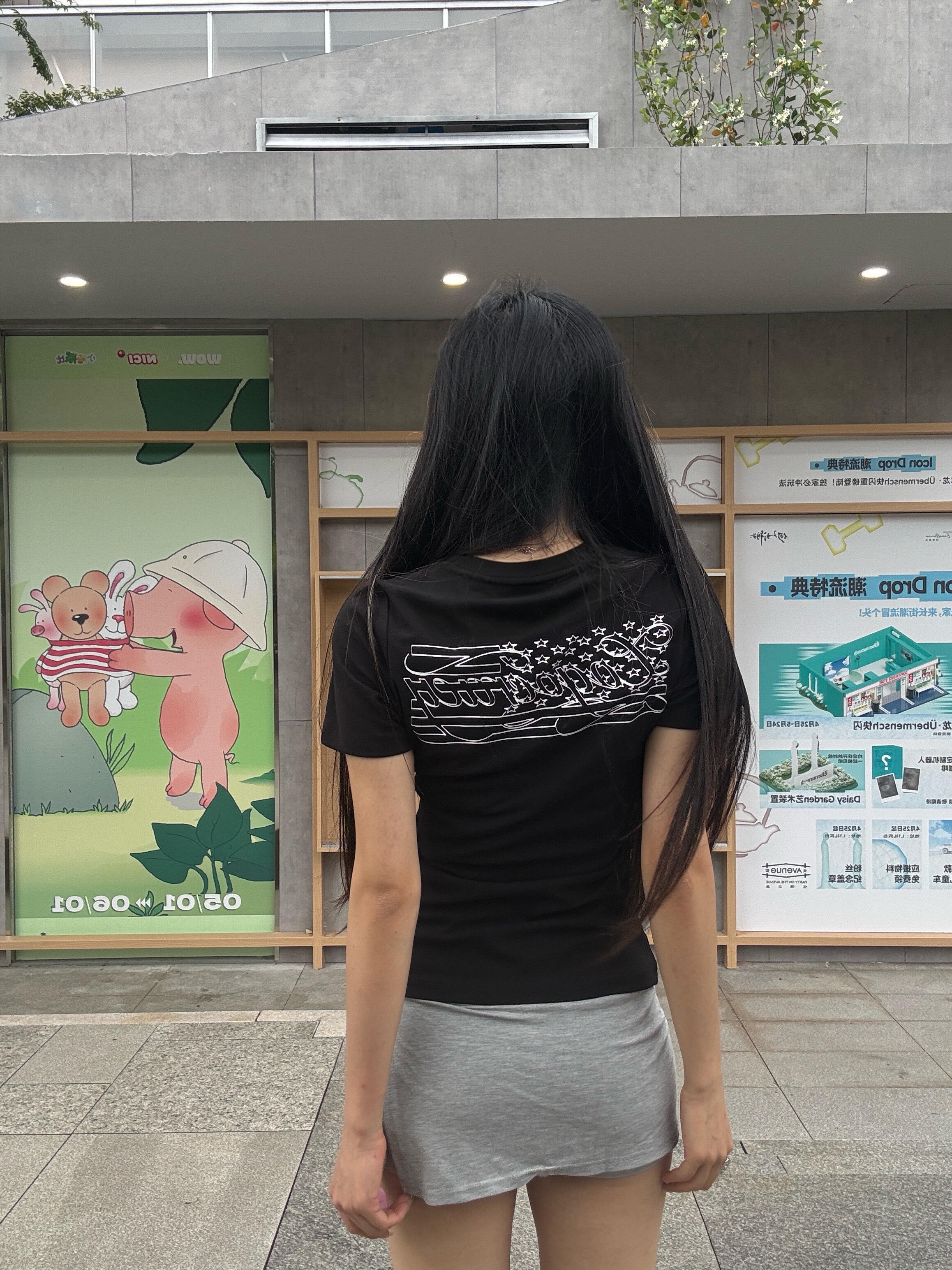 아메리칸 레트로 긍정적 인 어깨 라운드 넥 프린트 반팔 티셔츠