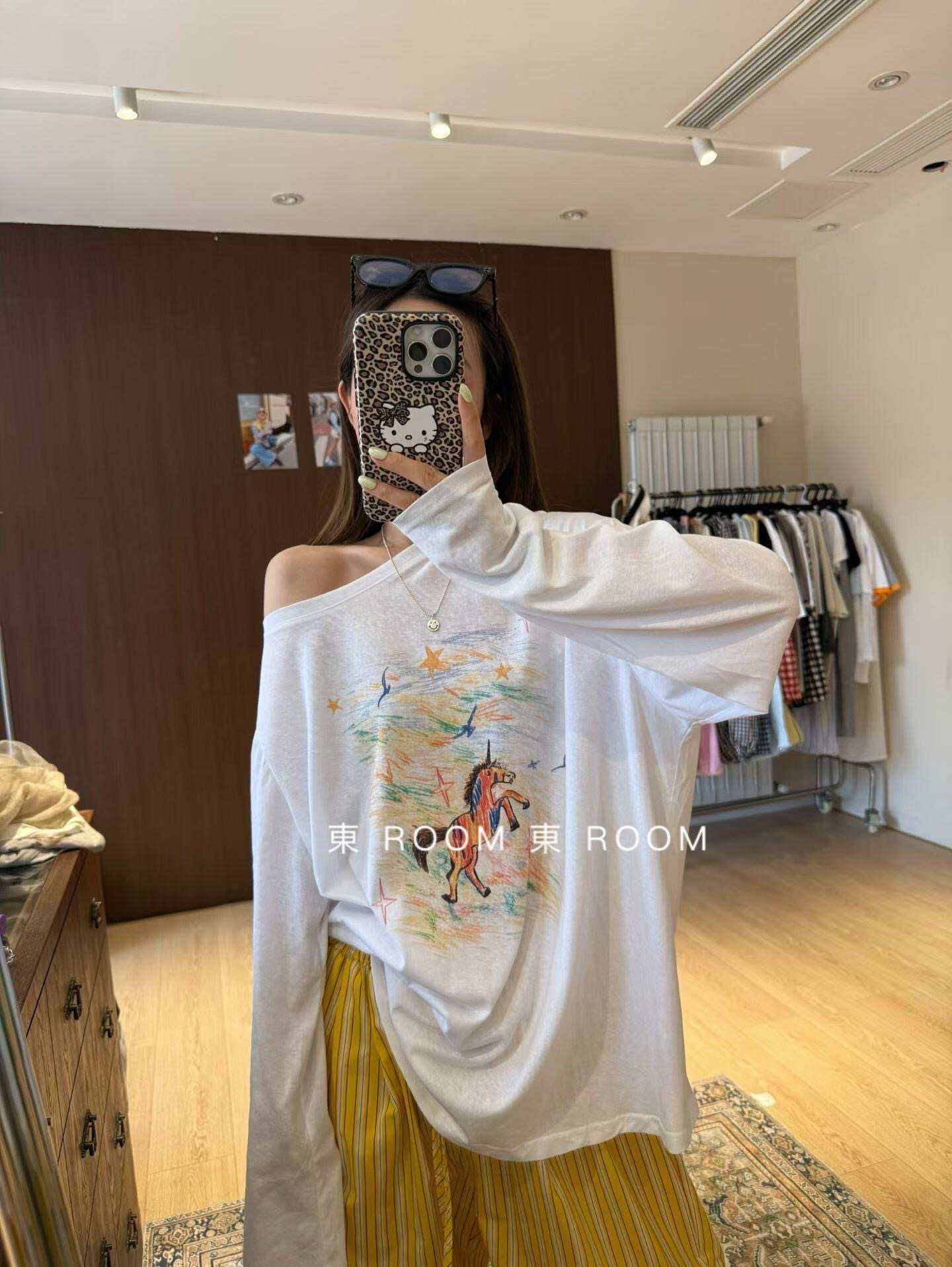 한 부서 비스듬한 어깨 티셔츠 자외선 차단 기본 셔츠 블라우스