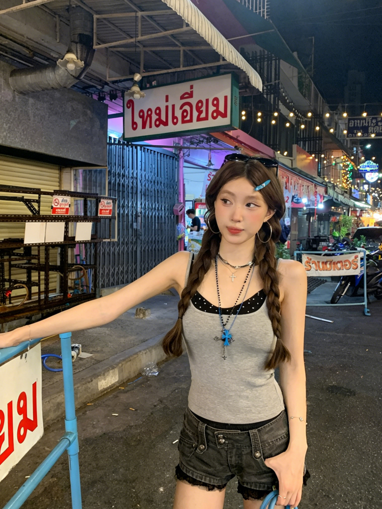 페이크 레이어드 배색 캐미솔 몸매 가꾸기 외출용 맨위