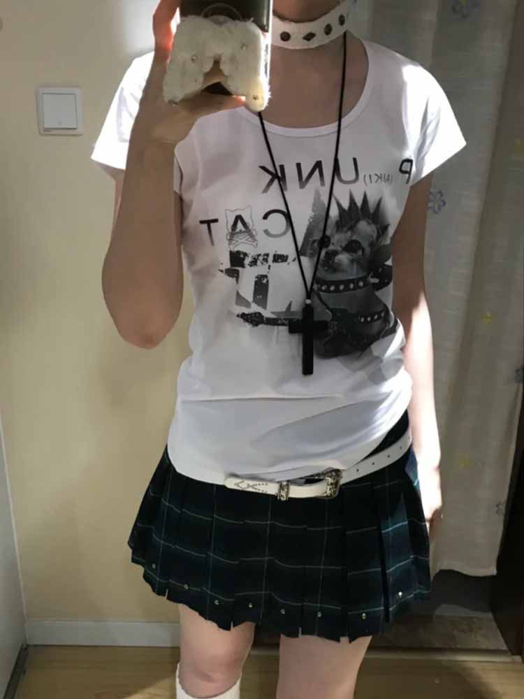 아메리칸 핫걸 고양이 프린트 비스듬한 칼라 긍정적 인 어깨 반팔 티셔츠