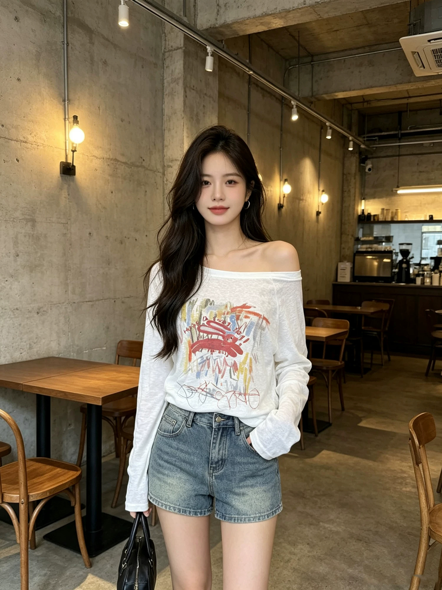 한 부서 비스듬한 어깨 고급 센스 외국 가스 프린트 오프숄더 국방 블라우스