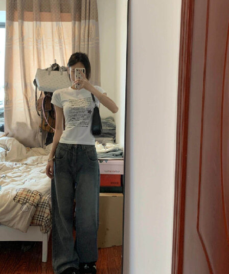 아메리칸 레트로 라운드 넥 긍정적 인 어깨 프린트 반팔 티셔츠