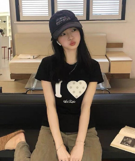아메리칸 레트로 라운드 넥 긍정적 인 어깨 프린트 반팔 티셔츠