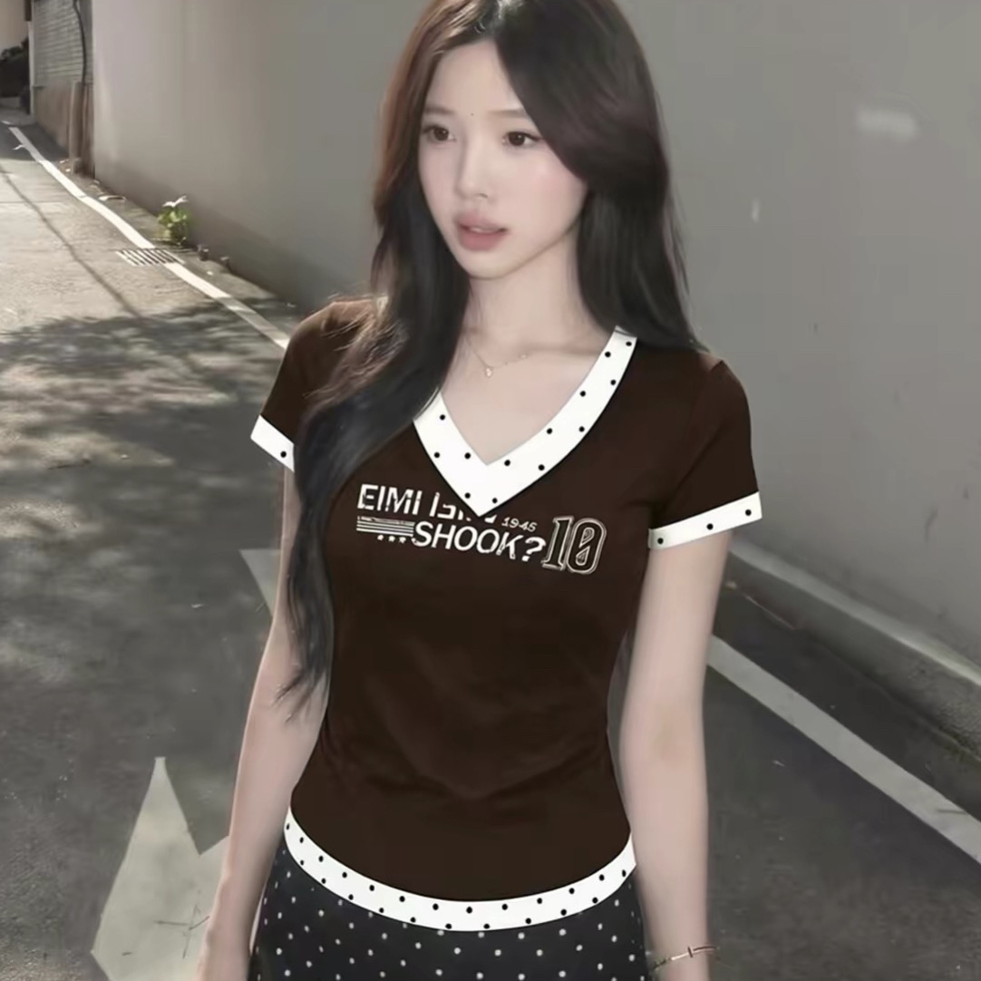 220 그램 40 빗질하다 92 면 8 암모니아 Lun 패치워크 도트 무늬 V넥 신축성 긍정적 인 어깨 몸매 가꾸기 반팔 티셔츠