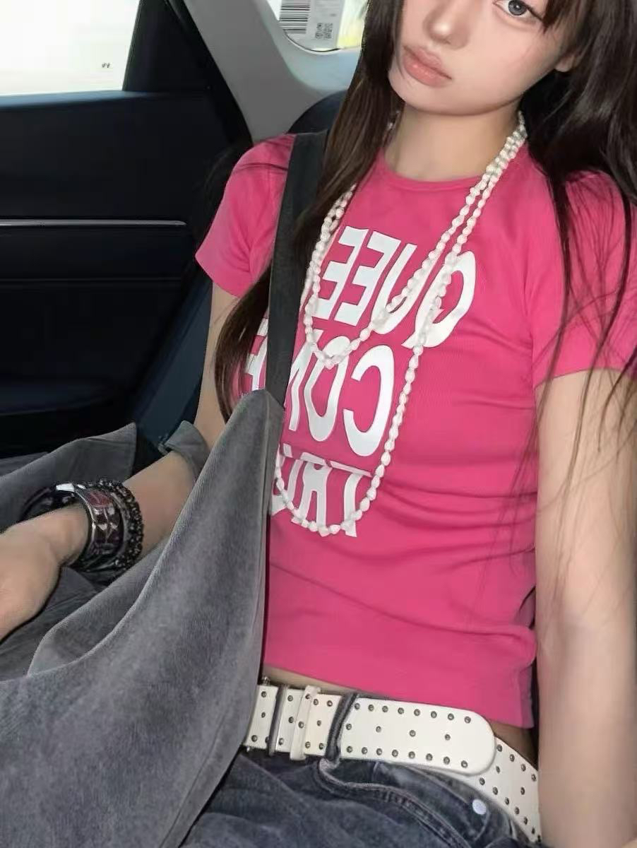 아메리칸 레트로 긍정적 인 어깨 라운드 넥 프린트 반팔 티셔츠