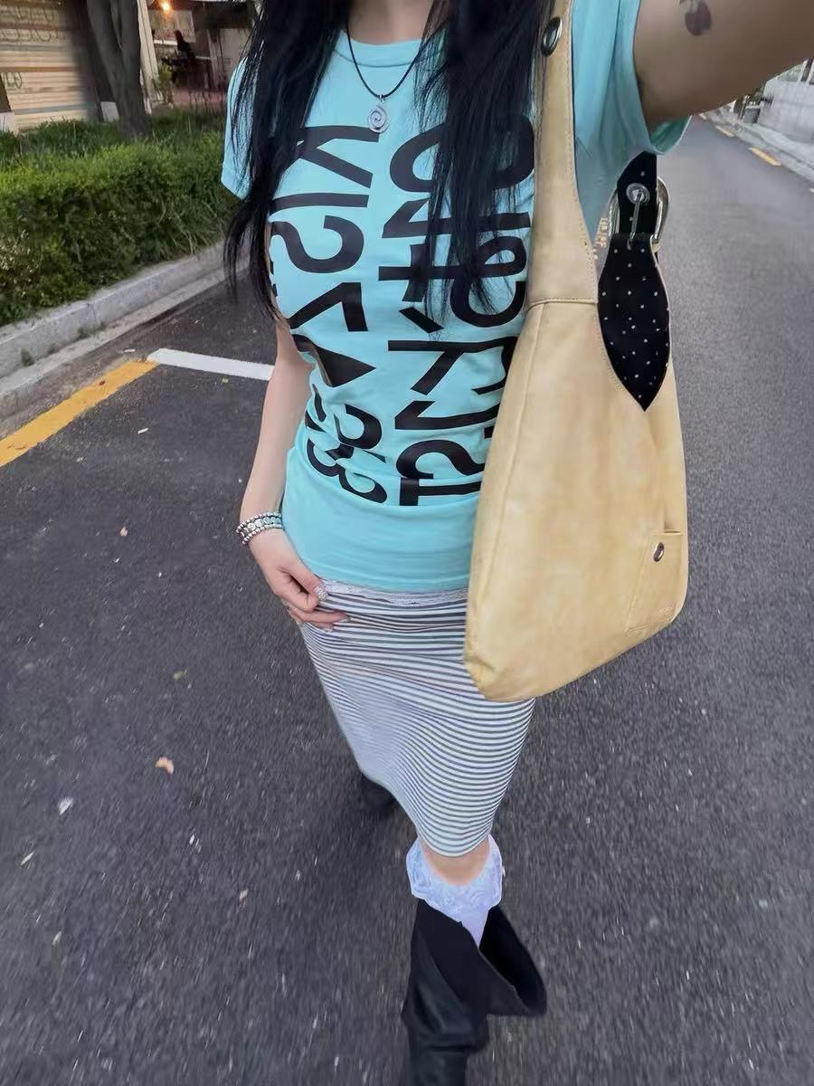 아메리칸 레트로 긍정적 인 어깨 라운드 넥 프린트 반팔 티셔츠