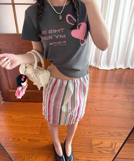 아메리칸 레트로 긍정적 인 어깨 라운드 넥 프린트 반팔 티셔츠