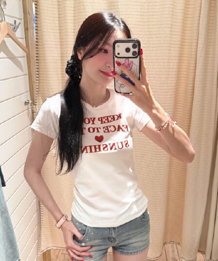 아메리칸 레트로 긍정적 인 어깨 라운드 넥 프린트 반팔 티셔츠