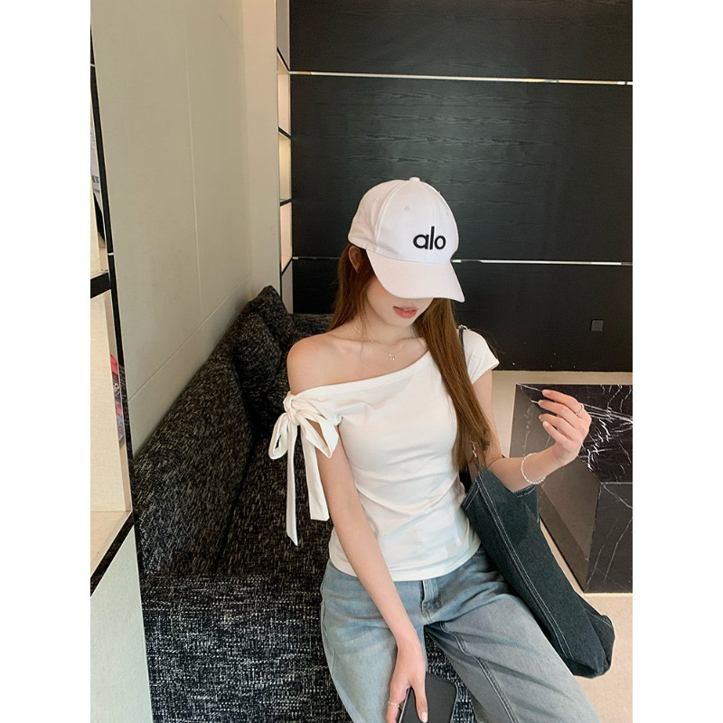 260 그램 1 1 인 면 비스듬한 어깨 오프숄더 2 착용 나비 매듭 스트랩 슬림해 보이는 꼬집기 허리 디자인 반팔 티셔츠
