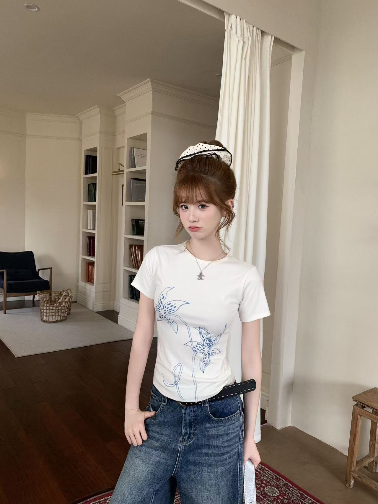 아메리칸 레트로 긍정적 인 어깨 라운드 넥 프린트 반팔 티셔츠