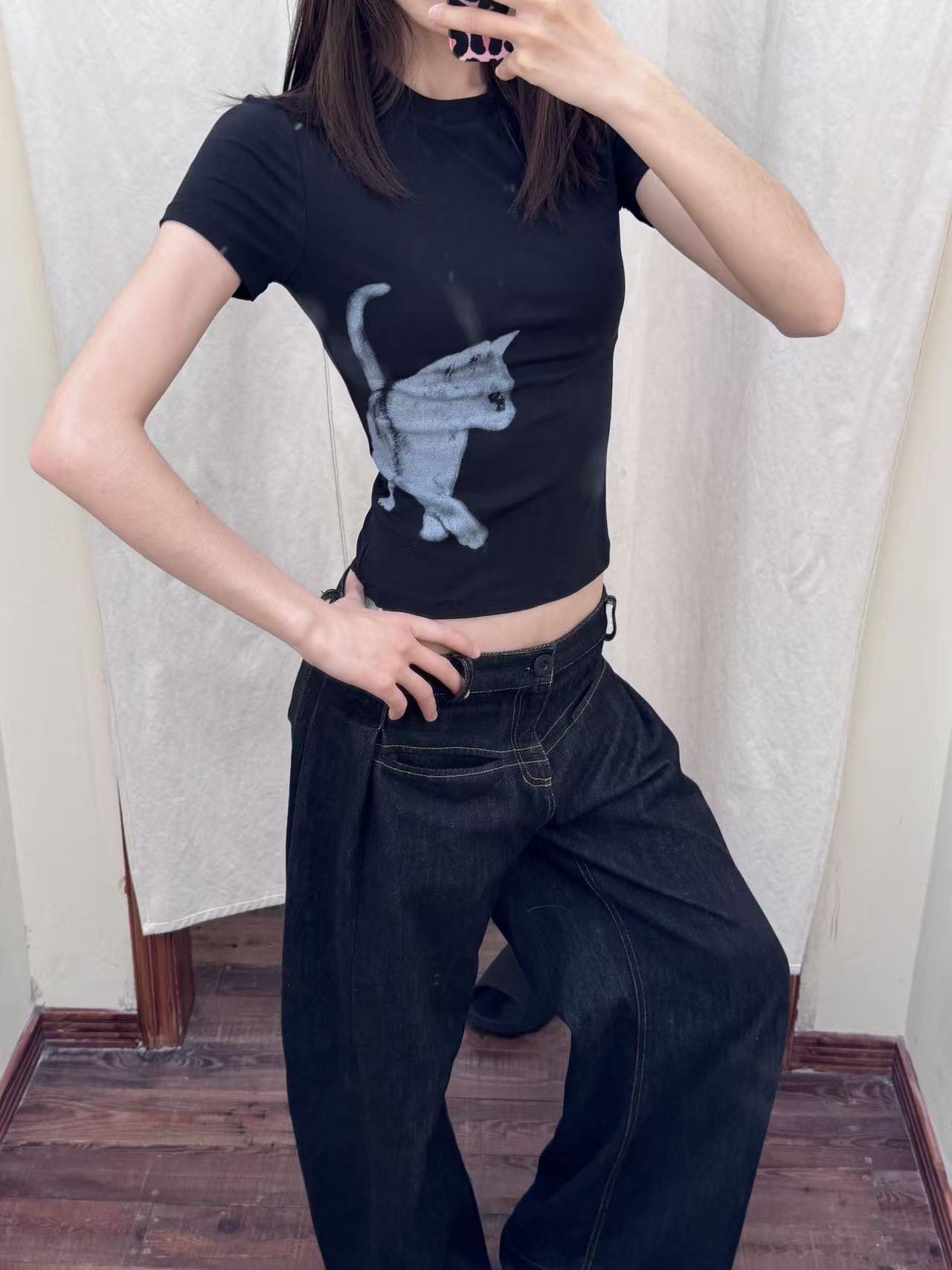 아메리칸 레트로 긍정적 인 어깨 라운드 넥 프린트 반팔 티셔츠