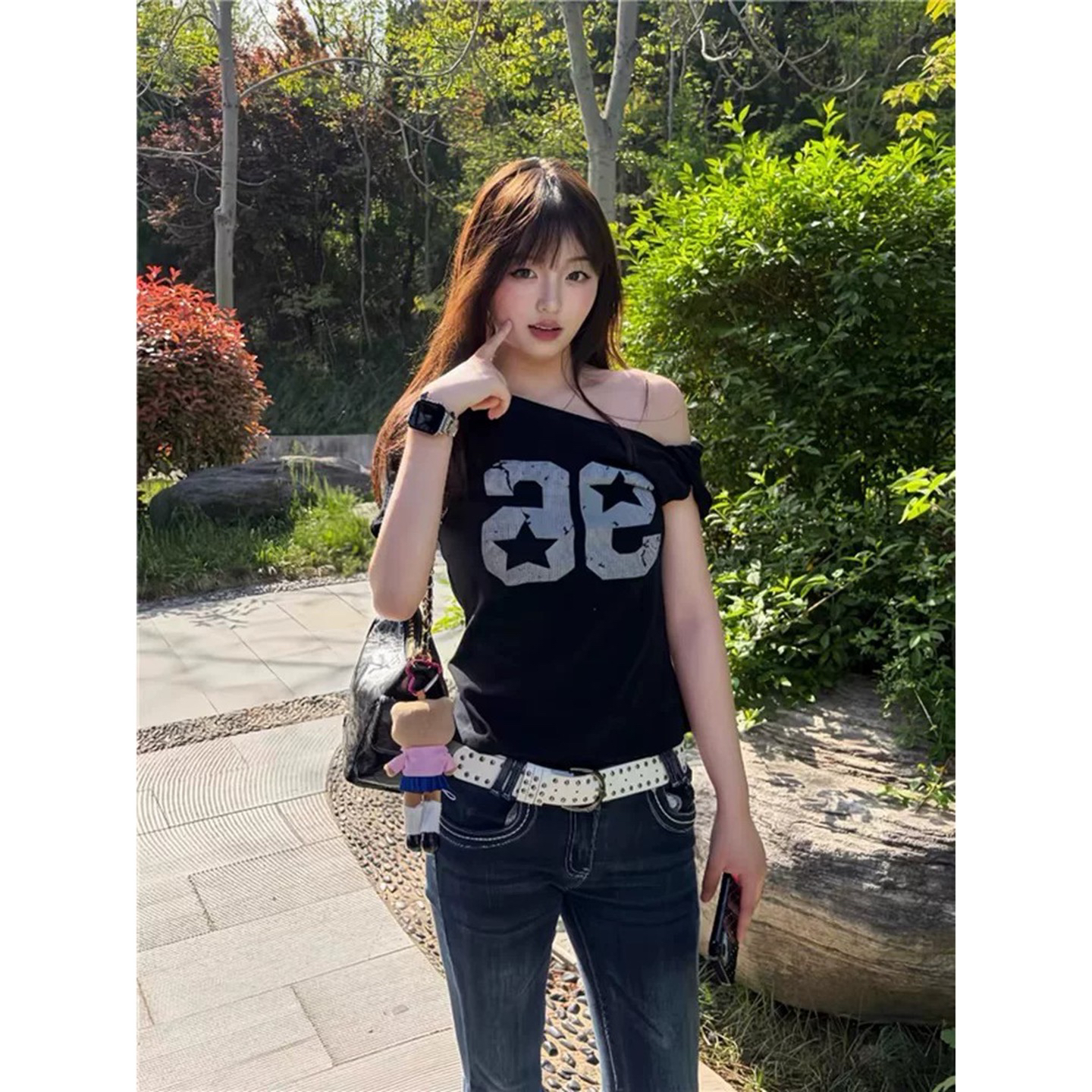 핫걸 저지 바람 비스듬한 어깨 티셔츠 여성 여름 숫자 프린트 맨위