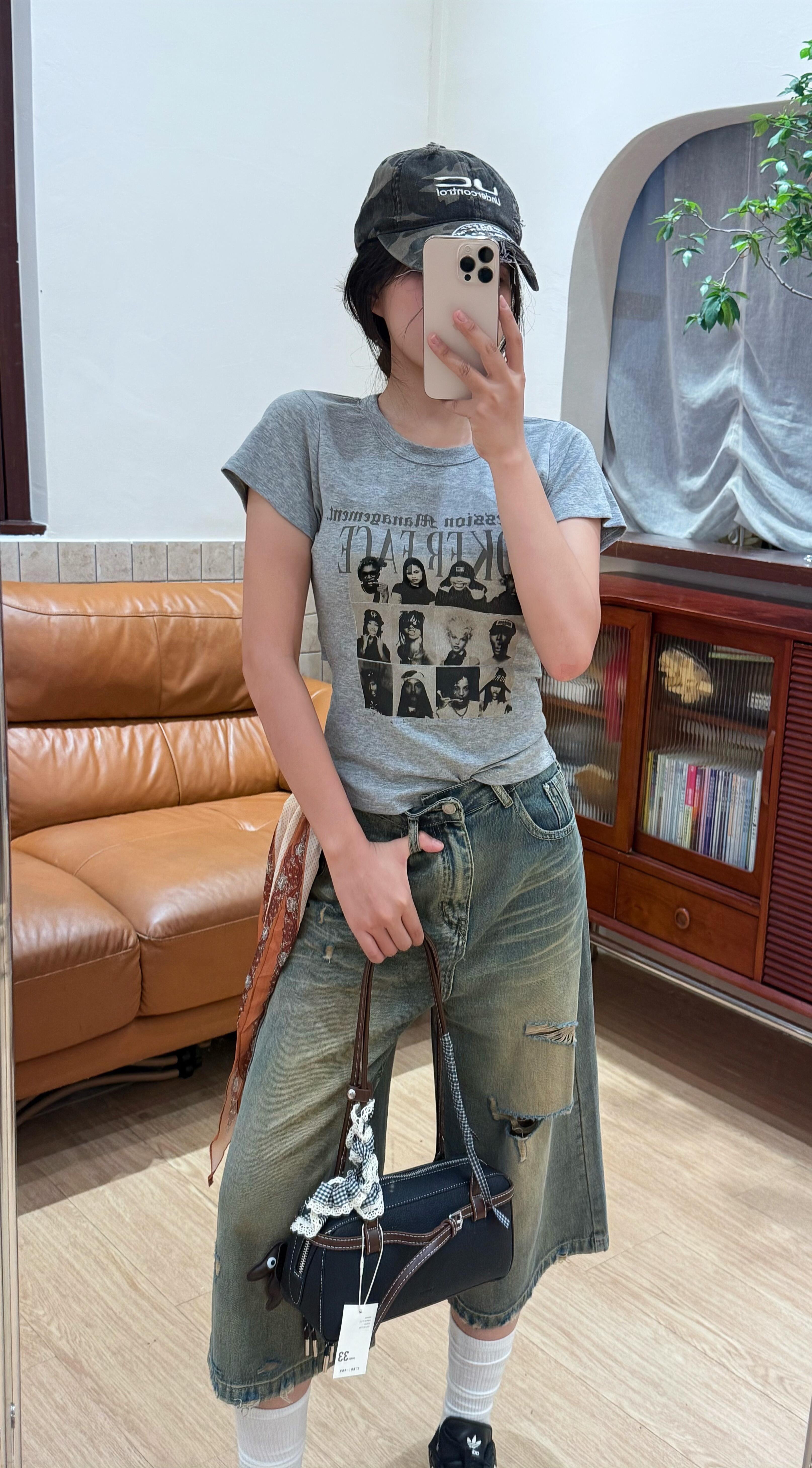 아메리칸 레트로 순면 긍정적 인 어깨 라운드 넥 프린트 반팔 티셔츠