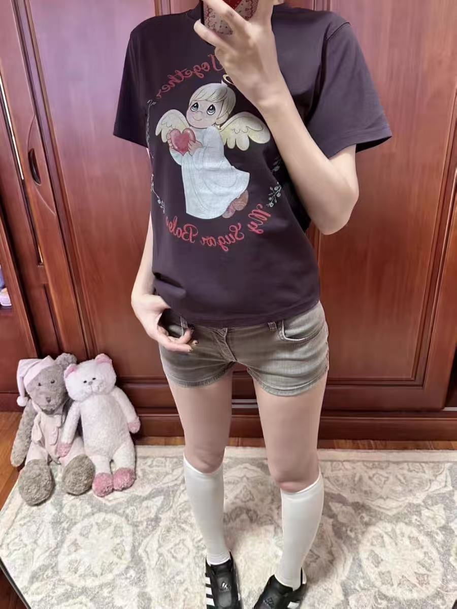 아메리칸 레트로 순면 긍정적 인 어깨 라운드 넥 프린트 반팔 티셔츠