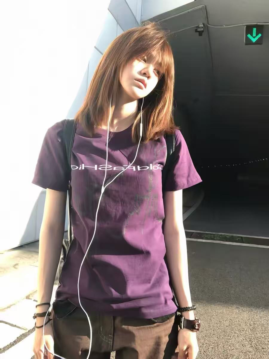 아메리칸 레트로 순면 긍정적 인 어깨 라운드 넥 프린트 반팔 티셔츠