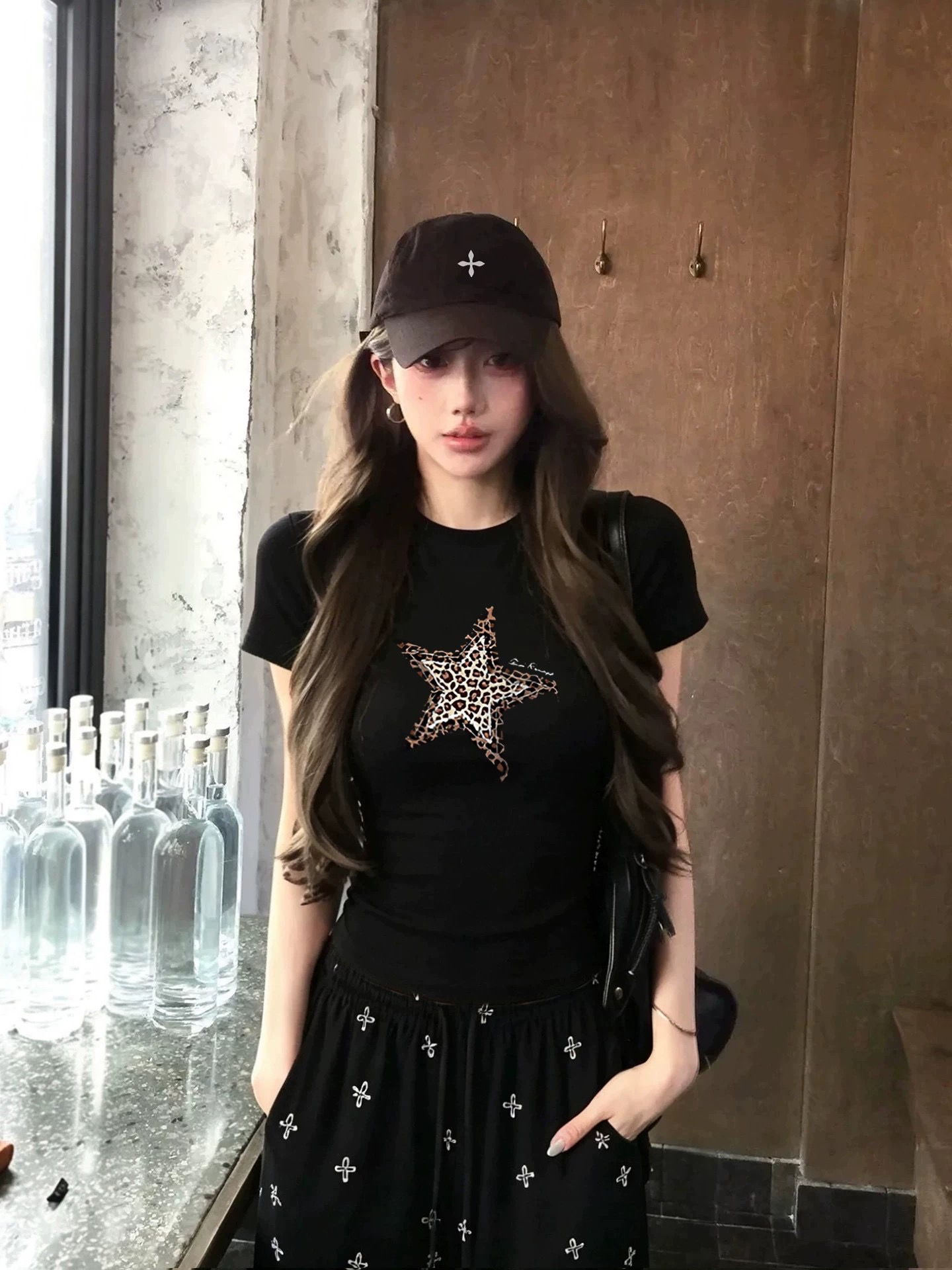 아메리칸 레트로 순면 긍정적 인 어깨 라운드 넥 프린트 반팔 티셔츠