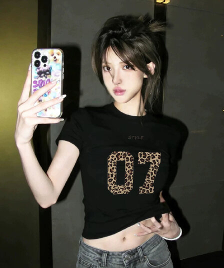 아메리칸 레트로 순면 긍정적 인 어깨 라운드 넥 프린트 반팔 티셔츠