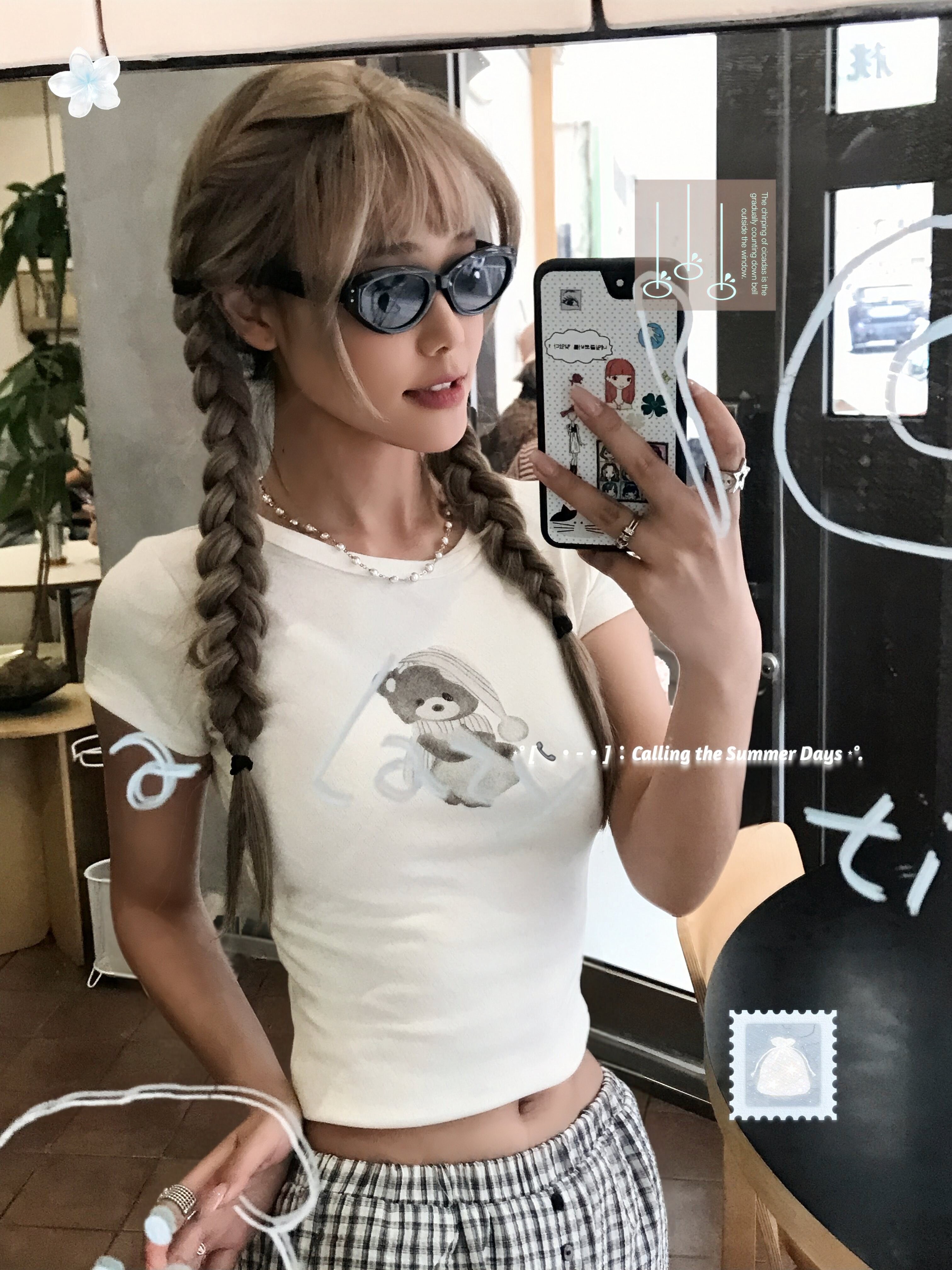 아메리칸 레트로 순면 핫걸 쇼트 스타일 라운드 넥 프린트 반팔 티셔츠