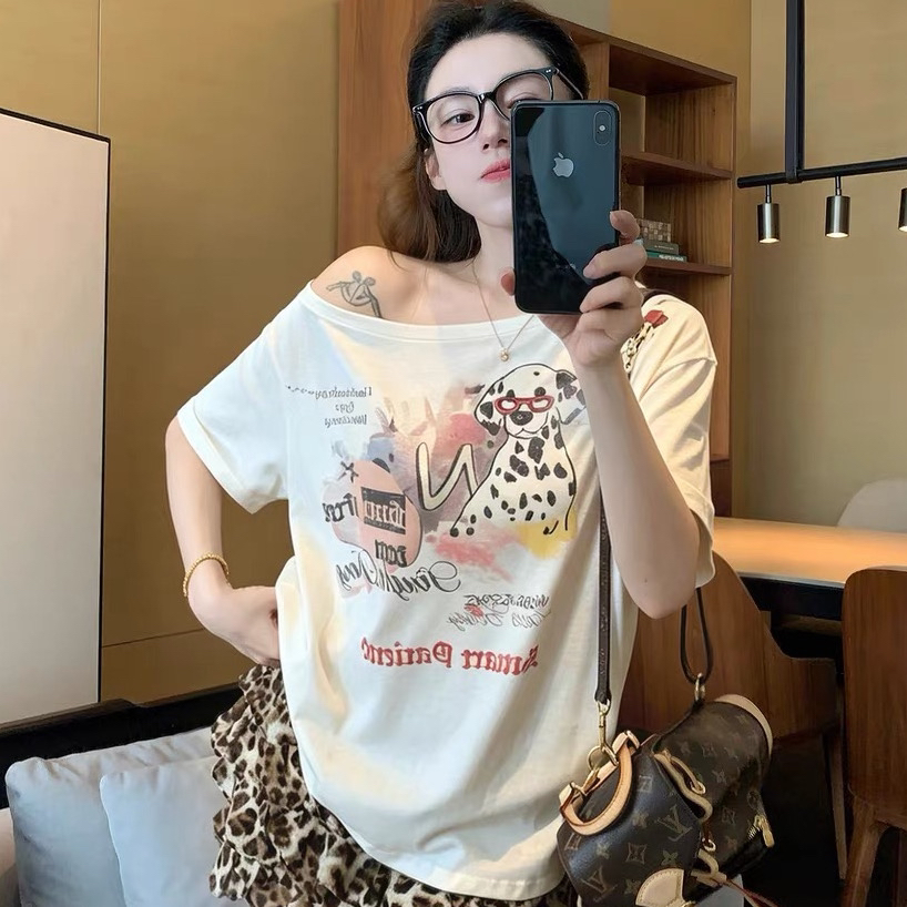 220 그램 92 면 8 암모니아 Lun 아메리칸 핫걸 비스듬한 어깨 알파벳 프린트 반팔 티셔츠 여성