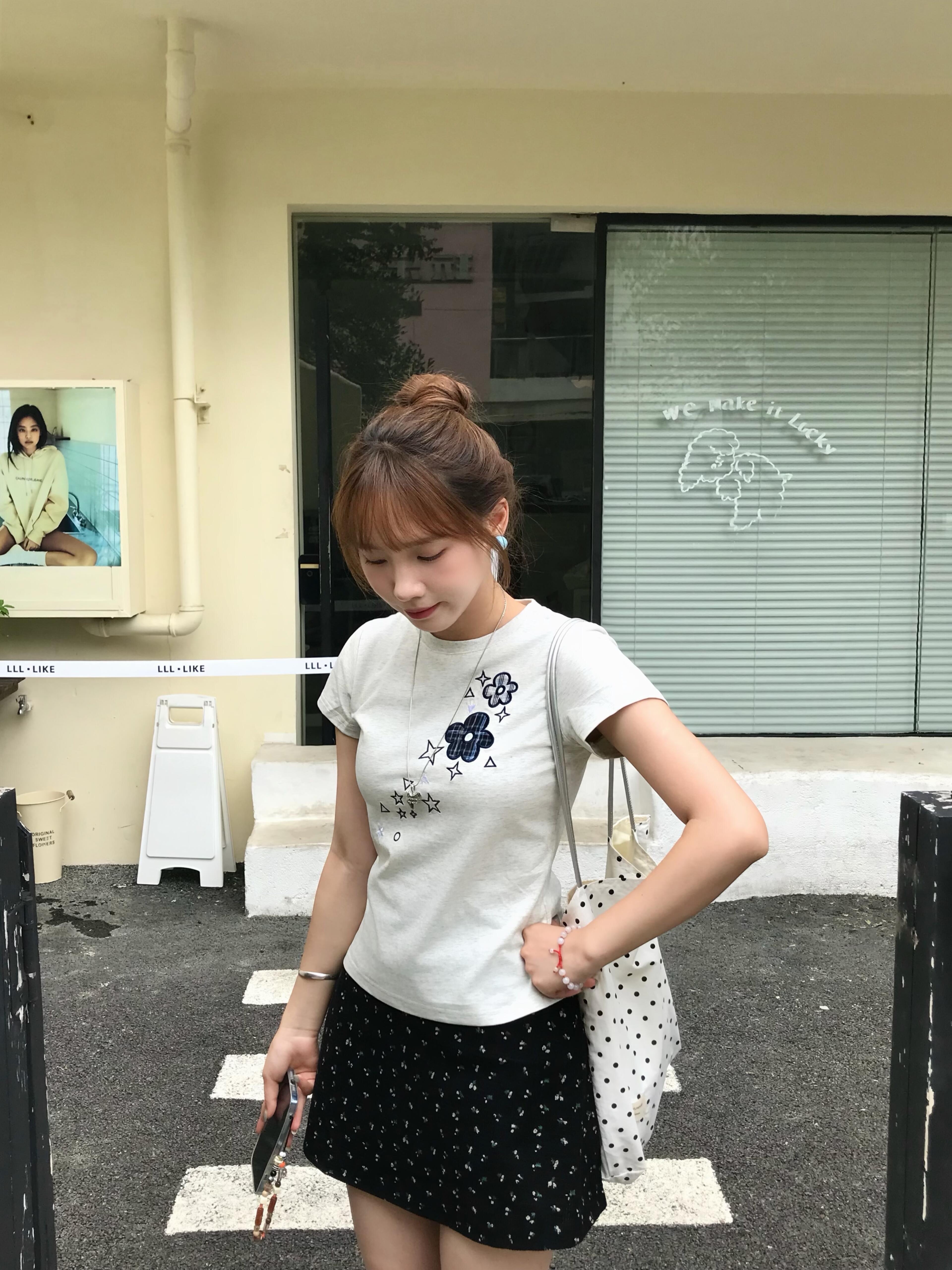 아메리칸 레트로 순면 긍정적 인 어깨 라운드 넥 프린트 반팔 티셔츠