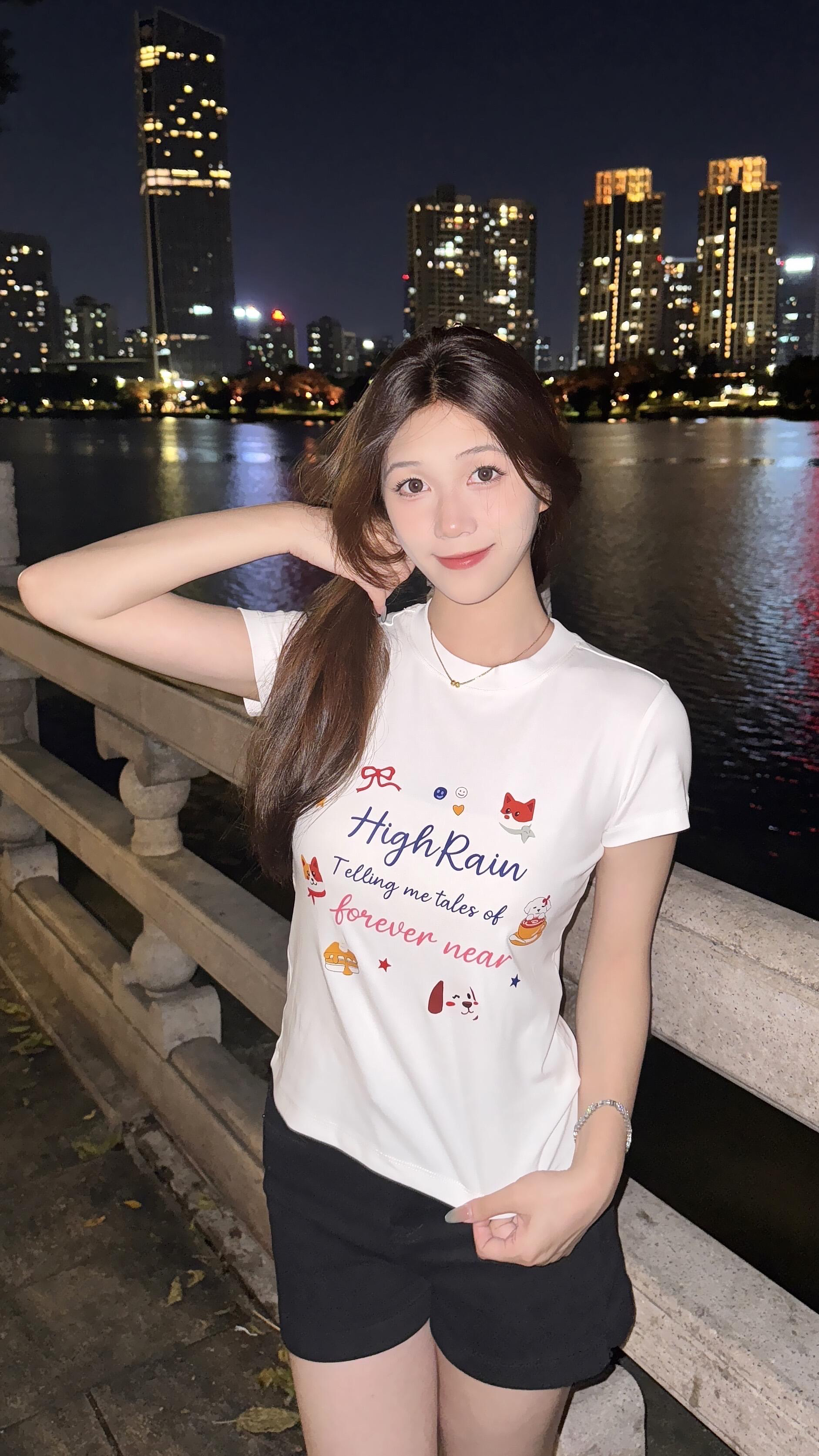 아메리칸 레트로 순면 긍정적 인 어깨 라운드 넥 프린트 반팔 티셔츠