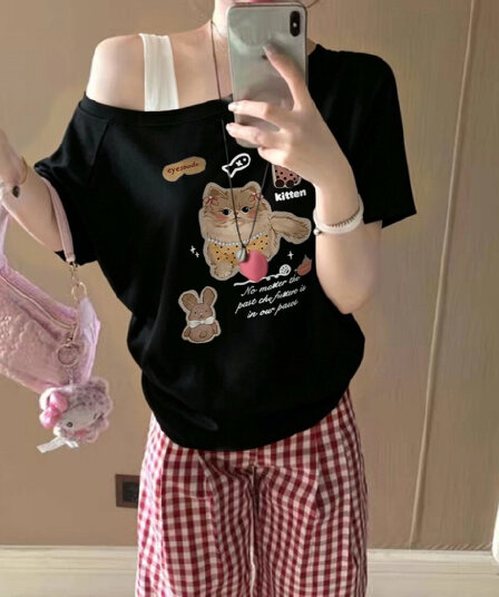 220 그램 92 면 8 암모니아 Lun 프린트 비스듬한 어깨 슬립 반팔 티셔츠 여성