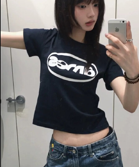 아메리칸 레트로 순면 핫걸 쇼트 스타일 라운드 넥 프린트 반팔 티셔츠