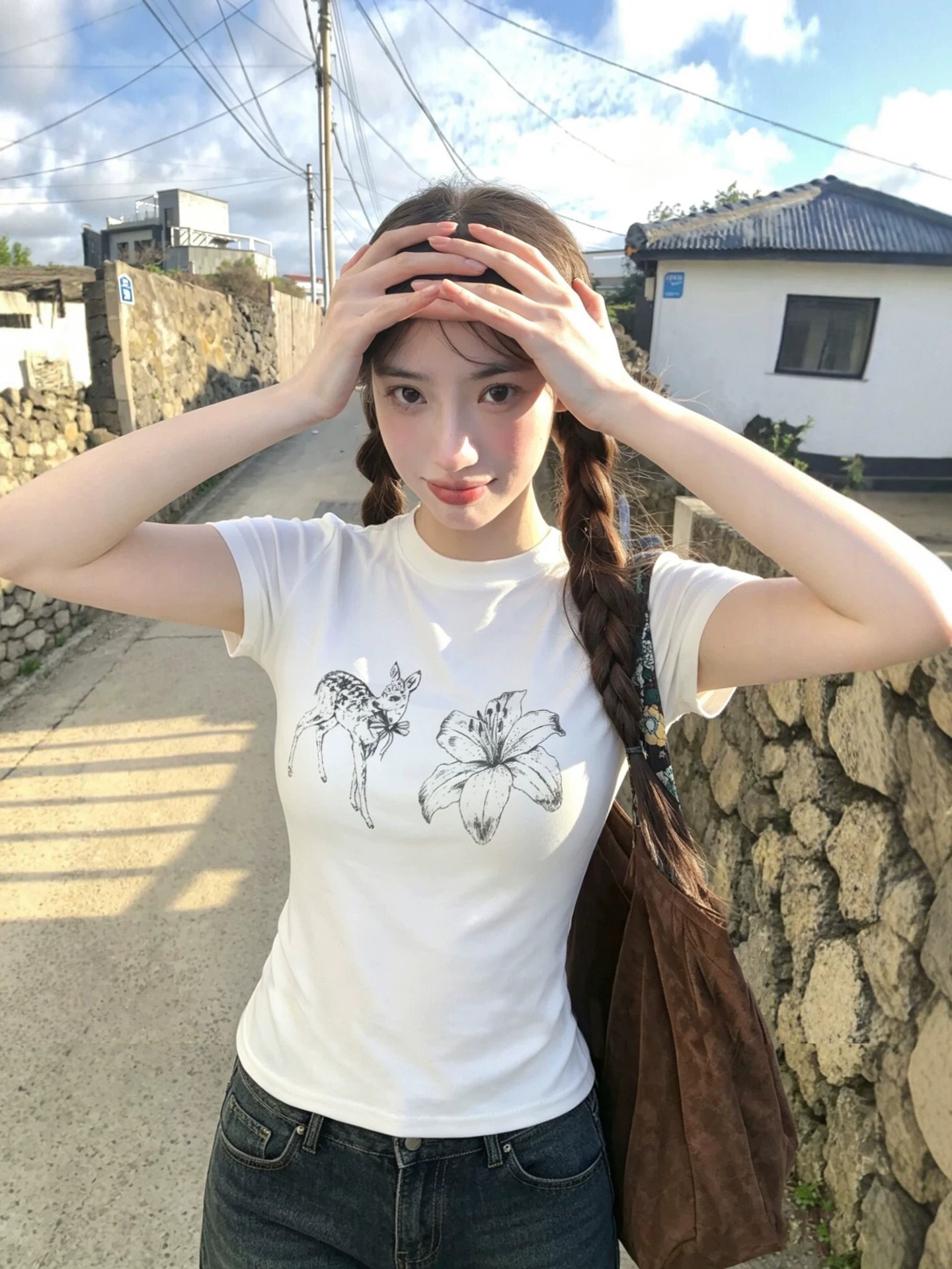 아메리칸 레트로 순면 긍정적 인 어깨 라운드 넥 프린트 반팔 티셔츠