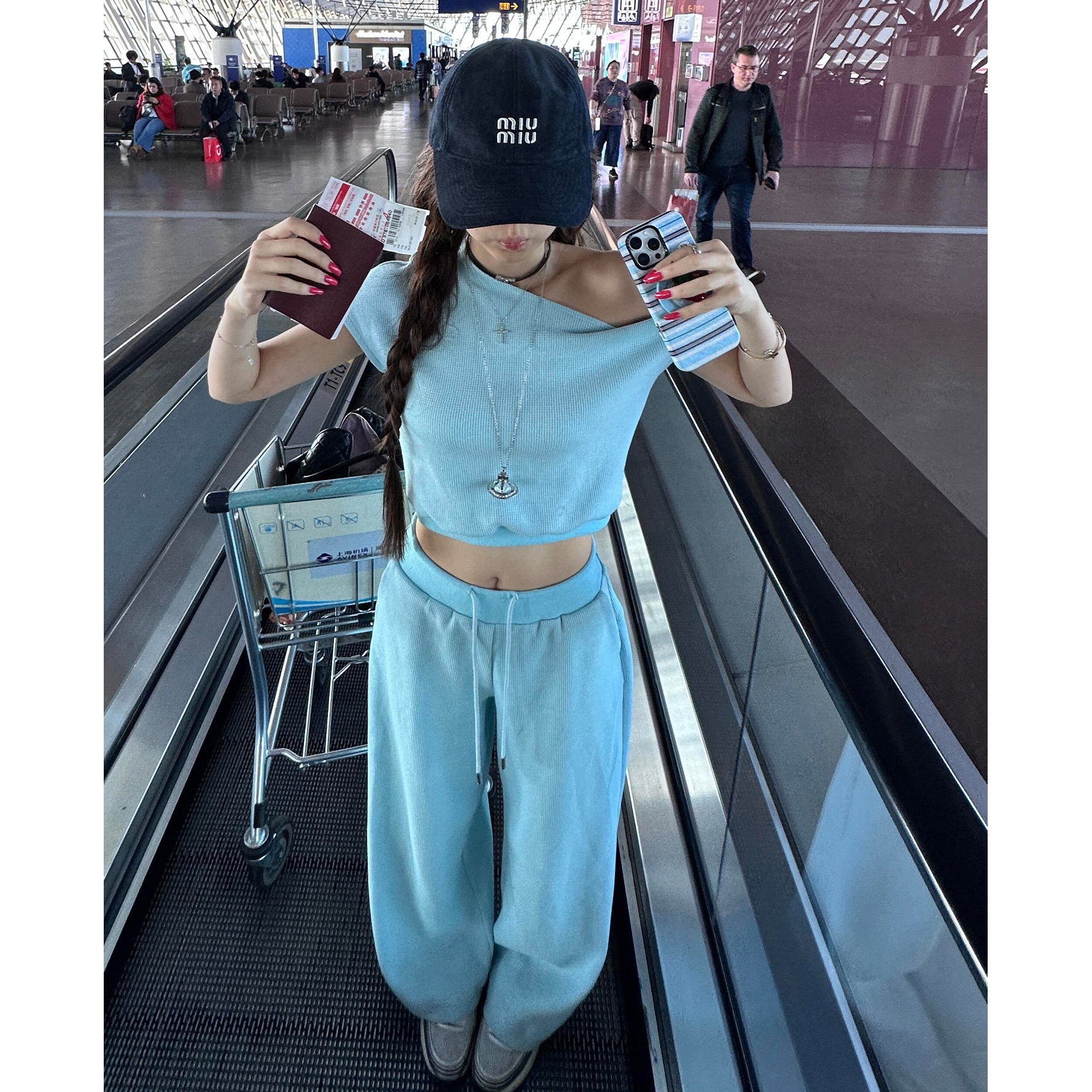 원본 원단 250g Mianhua 남편 그리드 원본 솜씨 비스듬한 어깨 반팔 맨위 긴 바지 투피스 세트