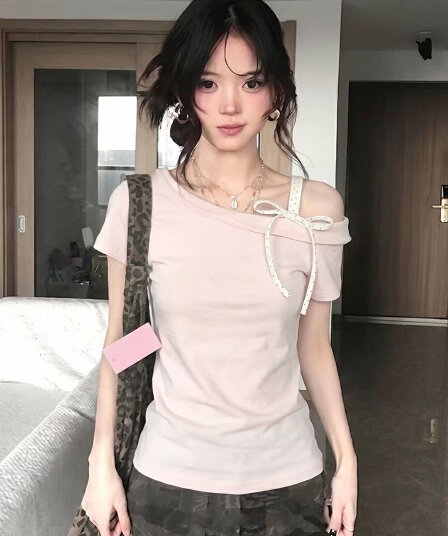 40 차가운 실크 코튼 여름 달콤함 부드러운 핑크색 소녀 센스 도트 무늬 새로운 티셔츠 반팔 맨위