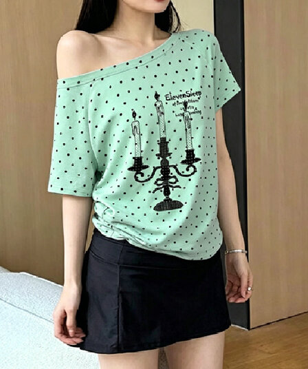 220 그램 40 1 1 순면 여름 새로운 한 부서 도트 무늬 비스듬한 칼라 오프숄더 프린트 섹션 반팔
