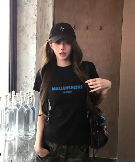 아메리칸 레트로 순면 몸매 가꾸기 긍정적 인 어깨 라운드 넥 프린트 반팔 티셔츠