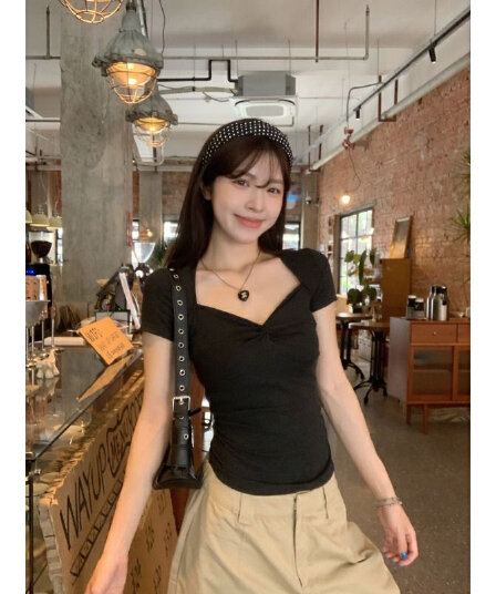 원본 원단 광장 칼라 스트라이프 비틀림 반팔 티셔츠 여성 여름 몸매 가꾸기 슬림해 보이는 허리 수축 출퇴근 맨위