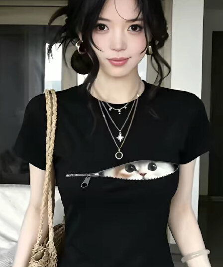 아메리칸 레트로 순면 몸매 가꾸기 긍정적 인 어깨 라운드 넥 프린트 반팔 티셔츠