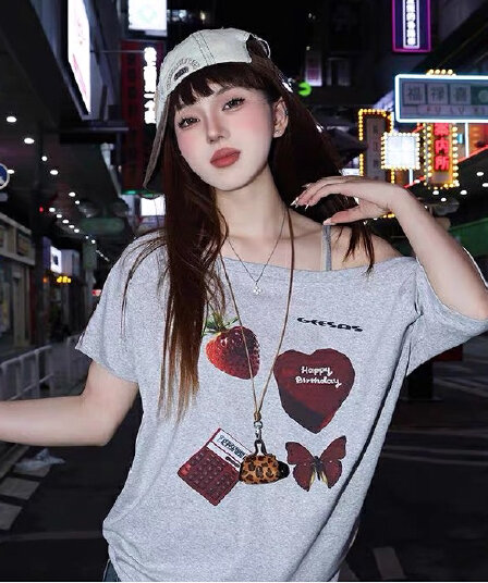 220 그램 92 면 8 암모니아 Lun 아메리칸 핫걸 비스듬한 어깨 알파벳 프린트 반팔 티셔츠 여성
