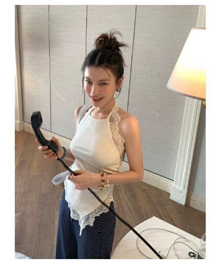 달콤한 핫걸 레이스 레이스 행침 목 조끼 여성 여름 섹시함 백리스 허리 수축 외출용 몸매 가꾸기 순수한 욕망 쇼트 스타일 맨위
