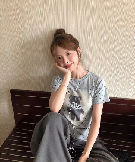 아메리칸 레트로 순면 도트 무늬 긍정적 인 어깨 라운드 넥 프린트 반팔 티셔츠