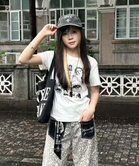 아메리칸 레트로 순면 긍정적 인 어깨 라운드 넥 프린트 반팔 티셔츠