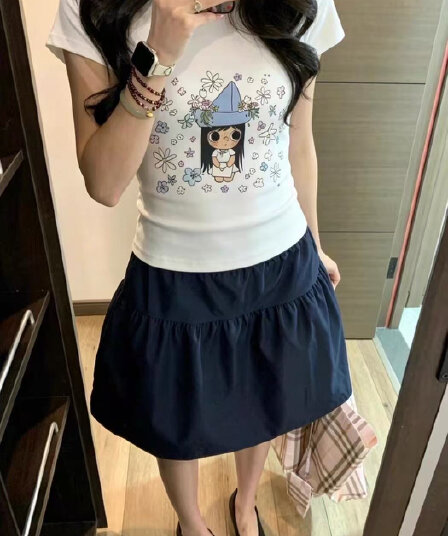 아메리칸 레트로 순면 긍정적 인 어깨 라운드 넥 프린트 반팔 티셔츠