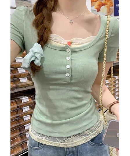 원본 이미지 40 순면 핫걸 miu 부서 달콤함 페이크 레이어드 레이스 조각 반팔 티셔츠